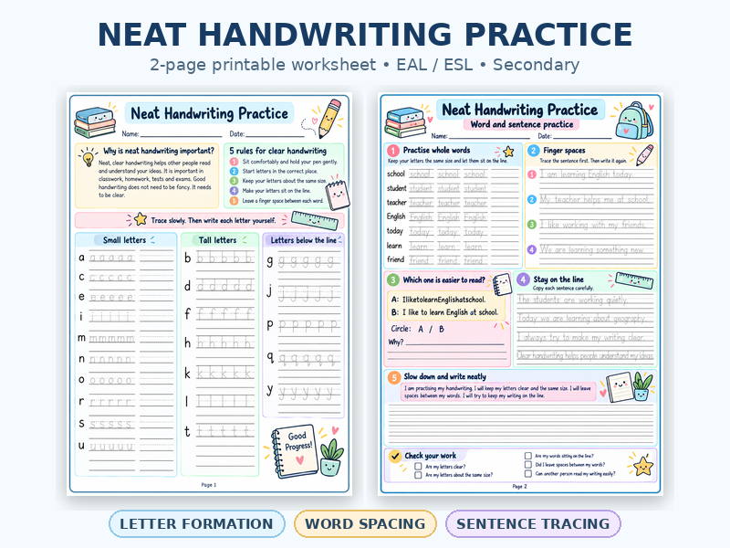Neat Handwriting Practice | EAL/ESL Secondary | Letter Formation & Word Spacing