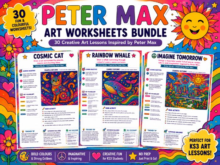 Peter Max Art Worksheets Bundle | 30 Colourful Pop Art Activities | KS3 Art Lessons | No Prep
