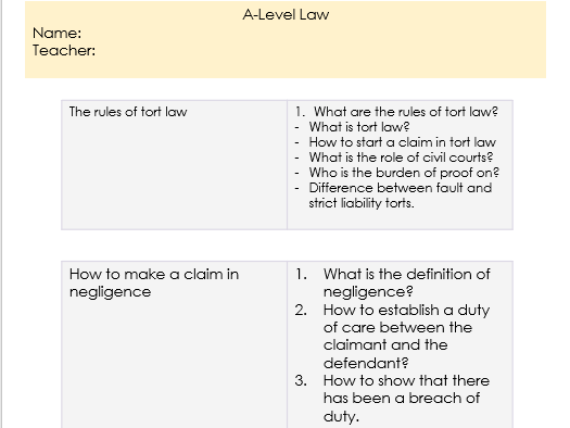 Tort Law Full Work booklet - Negligence
