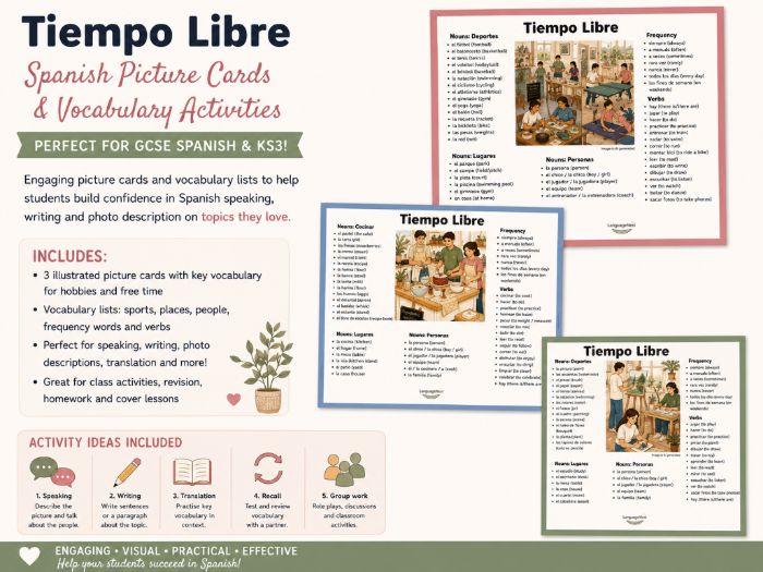 Free Time Spanish Picture Cards & Vocabulary Activities | Spanish Speaking Resource