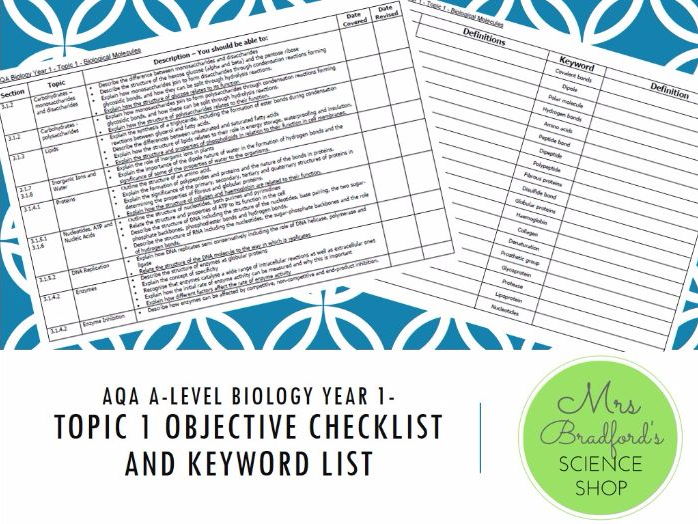 AQA A-Level Biology Year 1 - Topic 1 Checklist and Keyword List