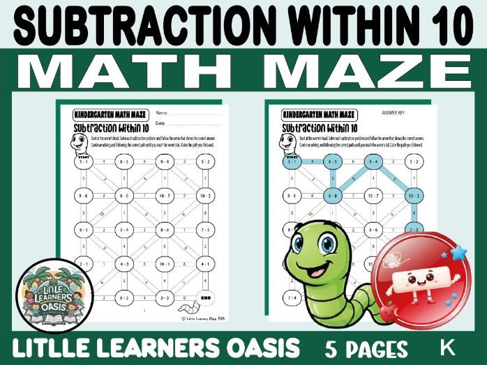 Subtraction Within 10 Math Maze Worksheets