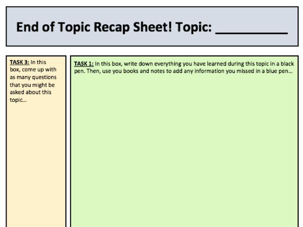 End of topic recap / summary sheet