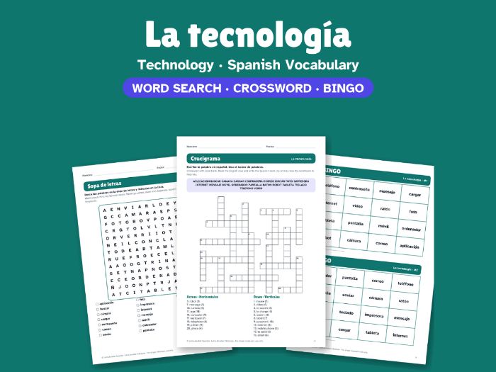 Technology in Spanish: Word Search, Crossword & Bingo