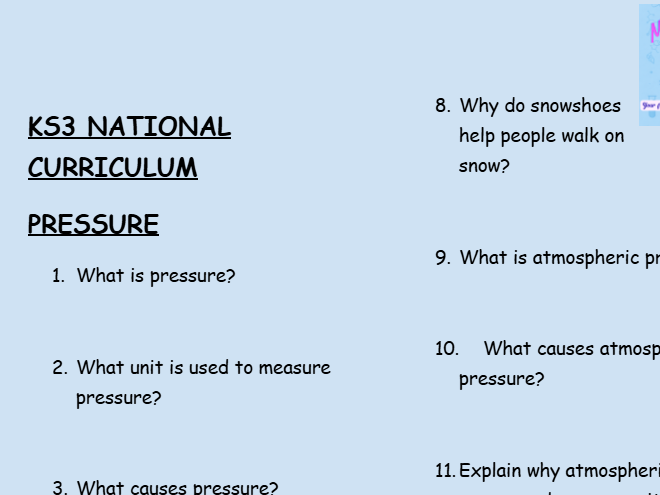 KS3 Physics: Pressure – 30 Question Retrieval Worksheet