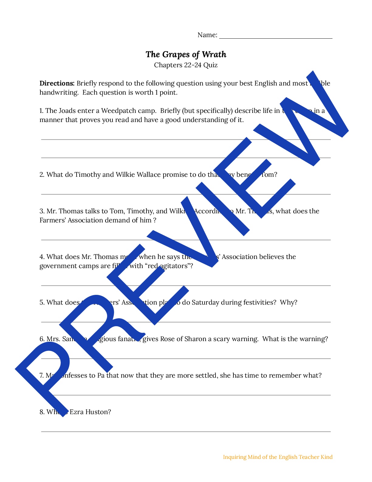 The Grapes of Wrath Quiz on Chapters 2224 Teaching Resources
