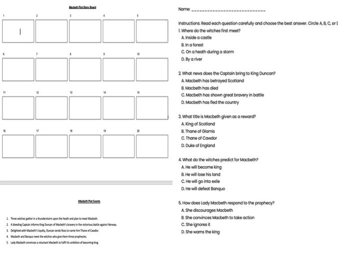 Macbeth Plot Revision - Story Board with MCQ