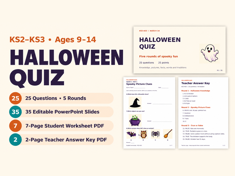 Halloween Quiz KS2–KS3 | Editable PowerPoint, Student Worksheets & Answers