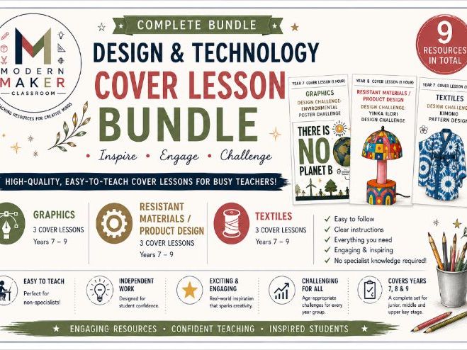 Design & Technology Cover Lesson Bundle x9 KS3 DT Cover Resources-Graphics, Product Design, Textile