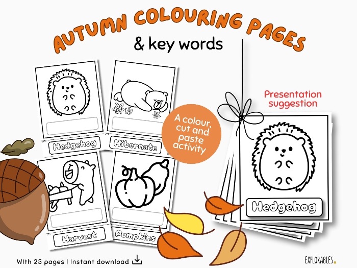 Autumn Colouring Pages And Key Words Fall Themed Cute Kawaii Style Art Worksheets Fun for Children