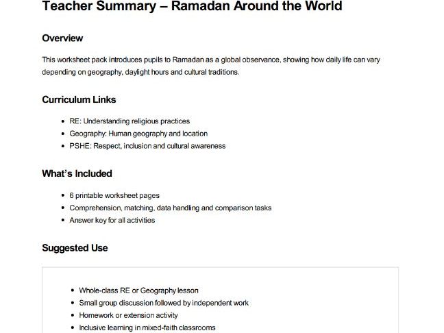 Ramadan Around the World – KS2 RE & Geography Worksheets | Comparison, Comprehension + Answer Key