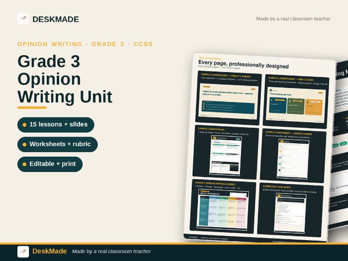 Grade 3 Opinion Writing Unit | 113 Slides + 12 Lessons + Worksheets | CCSS W.3.1