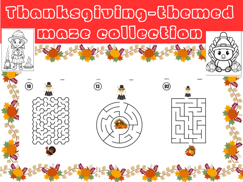 Thanksgiving-themed maze collection designed for kids