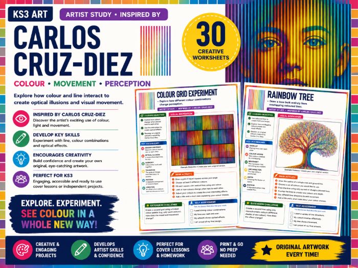 Carlos Cruz-Diez Inspired Art Worksheets | 30 Colour & Optical Illusion Activities | KS3 Art