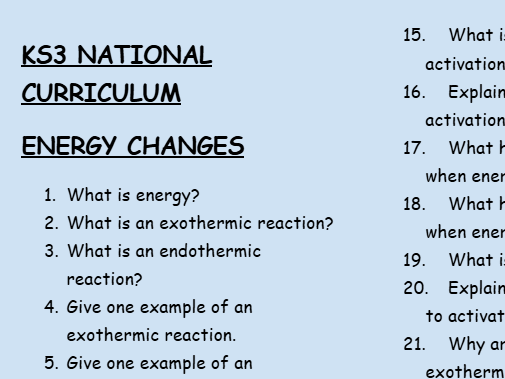 KS3 Chemistry: Energy Changes – 30 Question Retrieval Worksheet