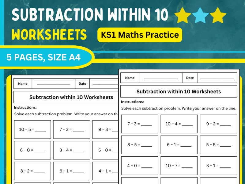Subtraction within 10 Worksheets | KS1 Maths Practice