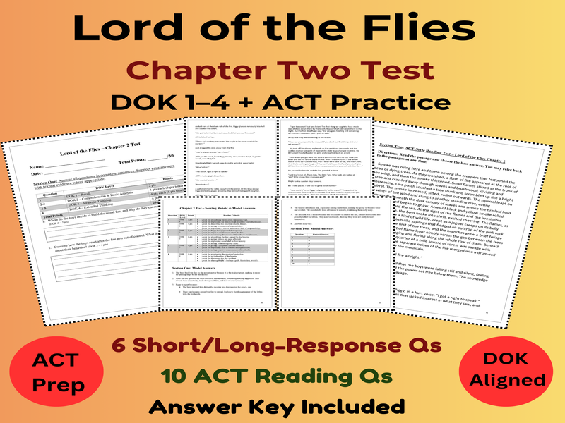 Lord of the Flies Chapter 2 Test/Quiz - DOK 1–4 + ACT-Style Reading + Answer Key