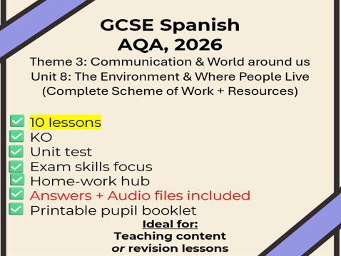 GCSE Spanish:The Environment & Where People Live -10 lessons +full SOW / extras (New Spec AQA, 2026)