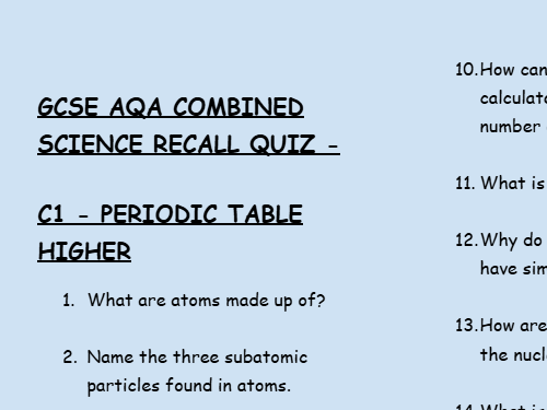 GCSE Chemistry C1 Atomic Structure & Periodic Table – 30 Higher Retrieval Questions | AQA