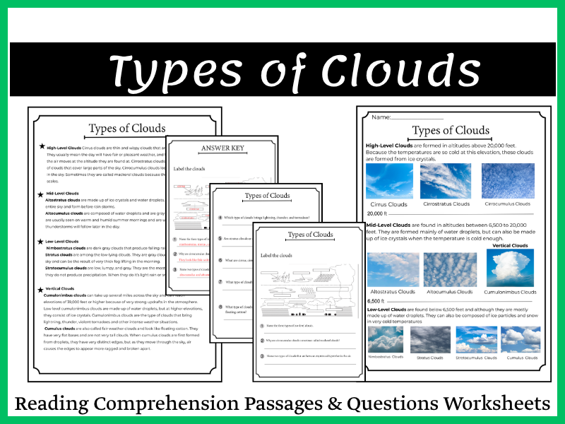 Types of Clouds Reading Comprehension Passages & Questions Worksheets