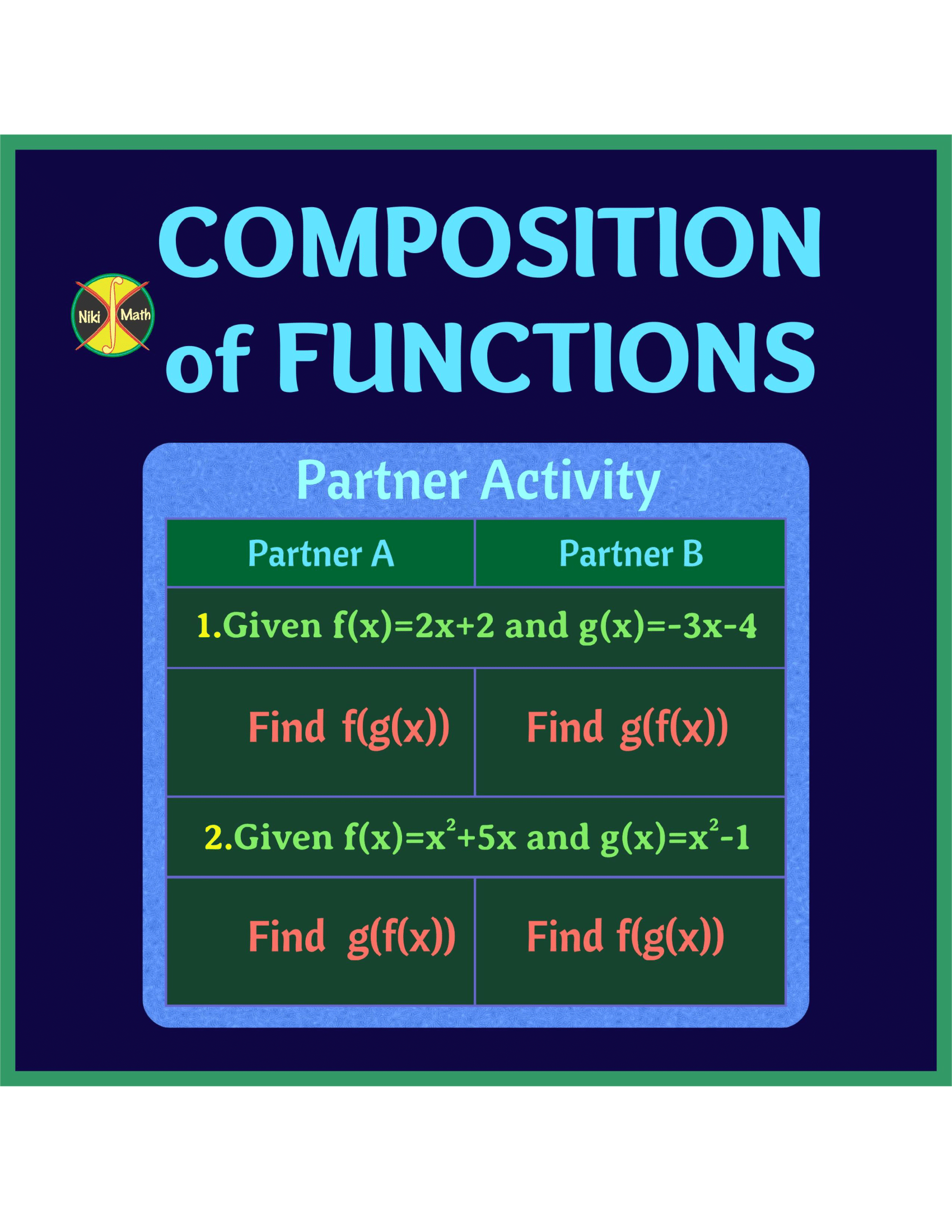 Composition Of Functions Partner Activity Teaching Resources
