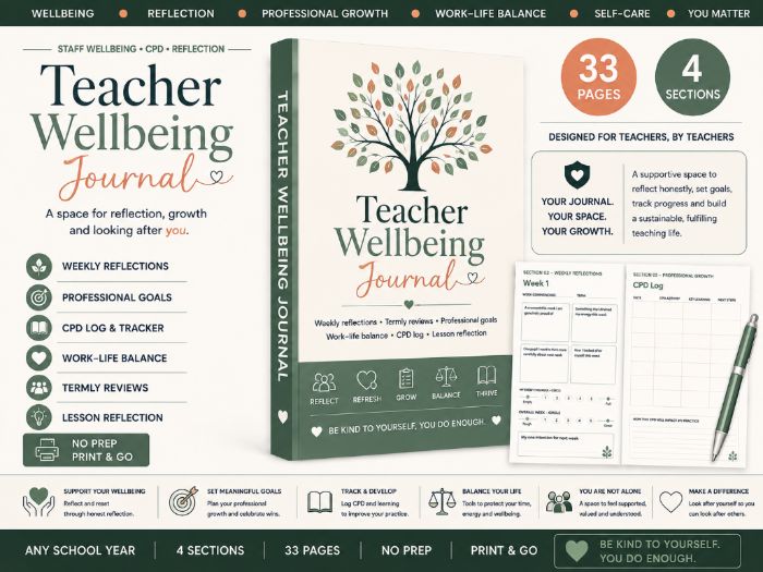 Teacher Wellbeing Journal | Staff Reflection, CPD Log & Work-Life Balance Resource