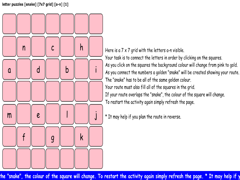 letter puzzles [snake] [7x7 grid] [a-n] [1]