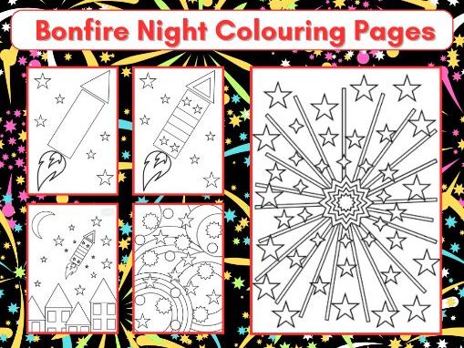 Five colouring pages for Bonfire Night plus Word Search