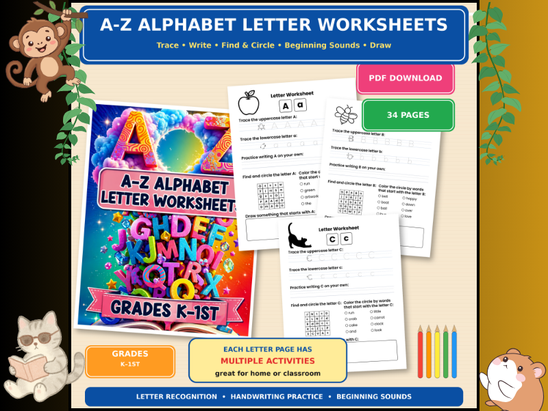 A-Z Alphabet Letter Worksheets Printable PDF for Grades K-1 | Letter Tracing, Beginning Sounds,
