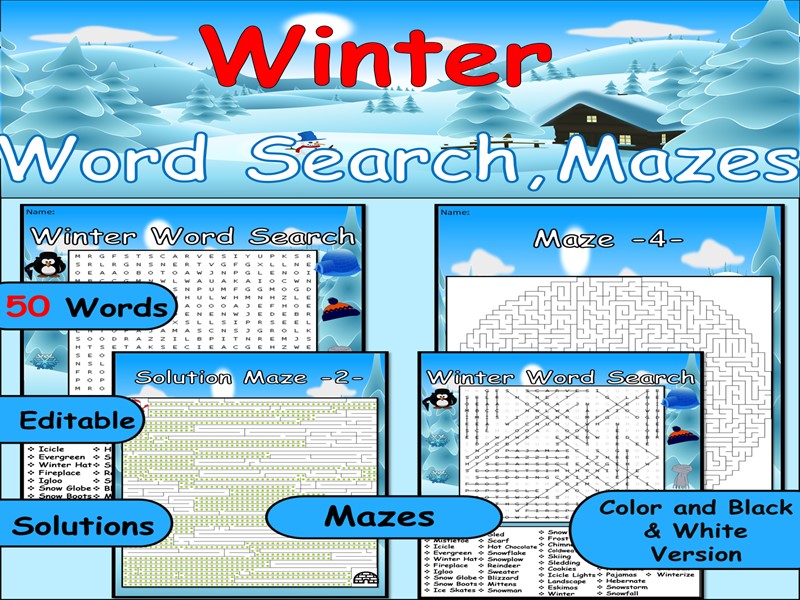 Snowflakes & Labyrinths: Winter Word Hunt | Winter Hard Word Find Puzzels Search & Maze