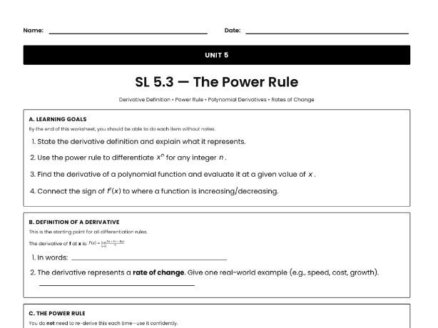 IB Math AI Worksheet SL 5.3 - The Power Rule
