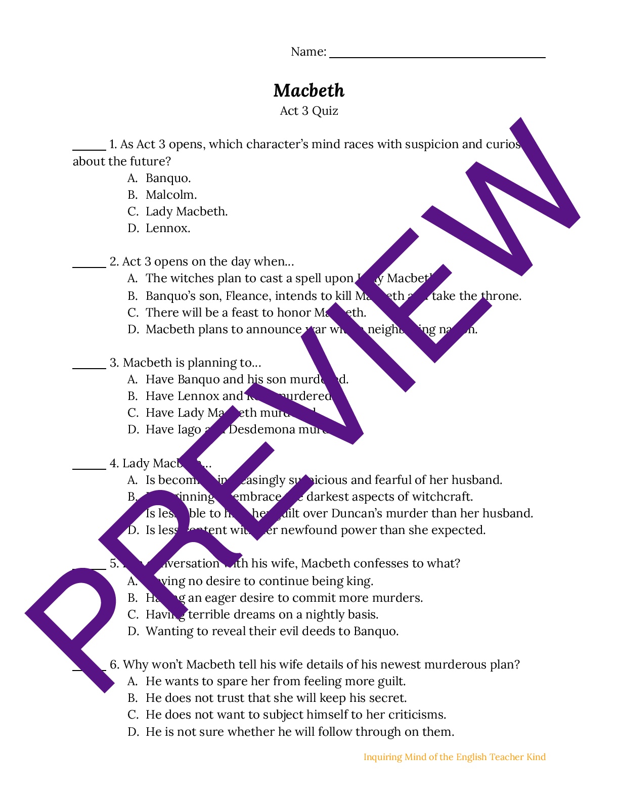 Macbeth Quiz &amp; Key on Act 3 | Teaching Resources