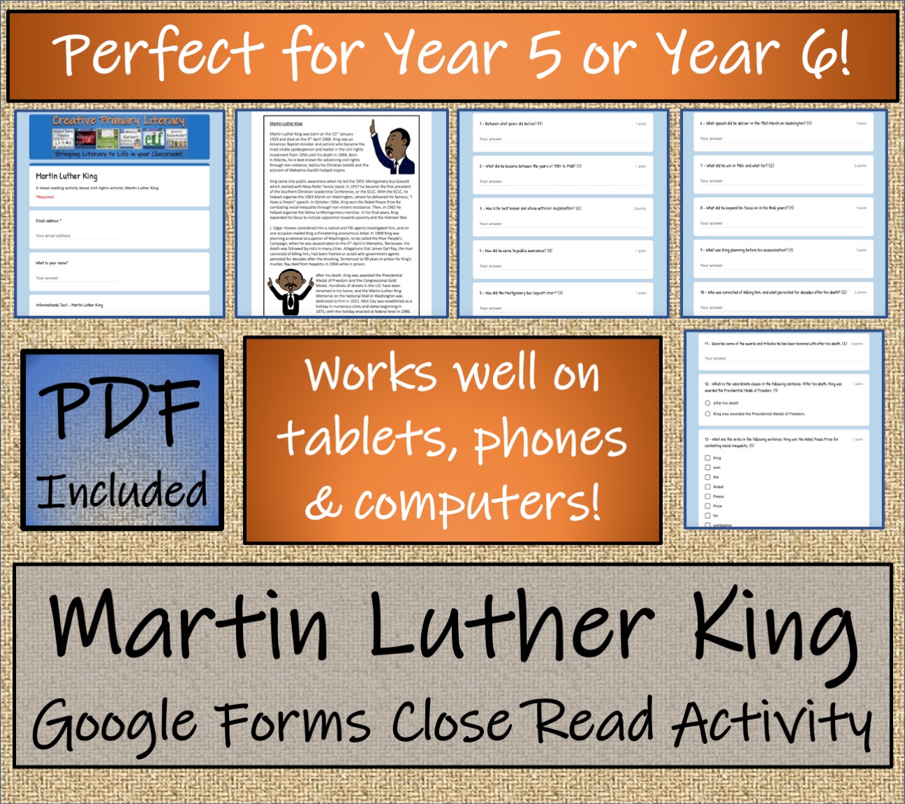 UKS2 Martin Luther King Reading Comprehension Activity Digital