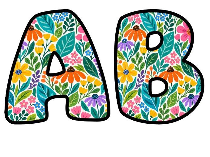 Bold Folk Flowers Bubble Letters | Botanical Bulletin Board Letters | Printable Alphabet A-Z and 0-9