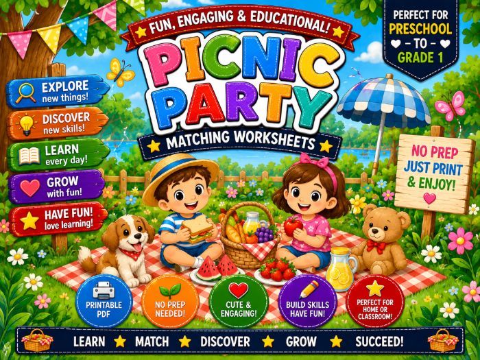 Picnic Party Matching Worksheets | Preschool Kindergarten Activities | Pre-K–1st Grade