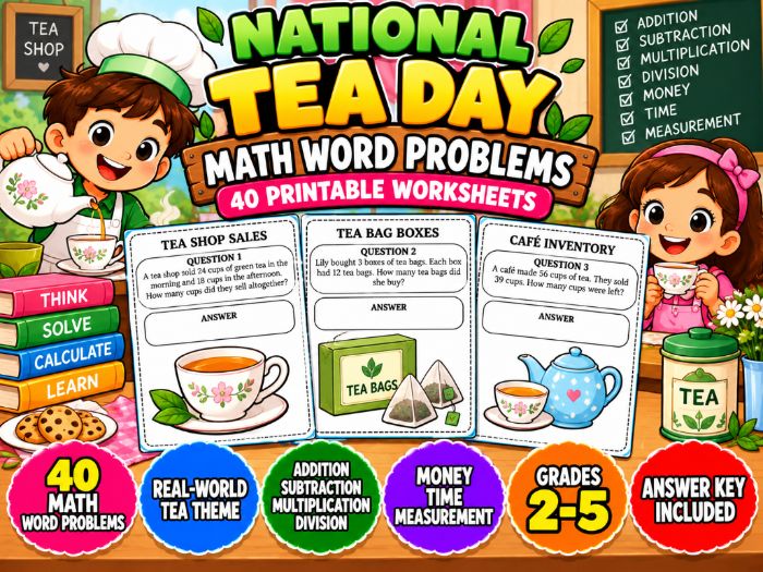 National Tea Day Math Word Problems | 40 Printable Worksheets with Answer Key