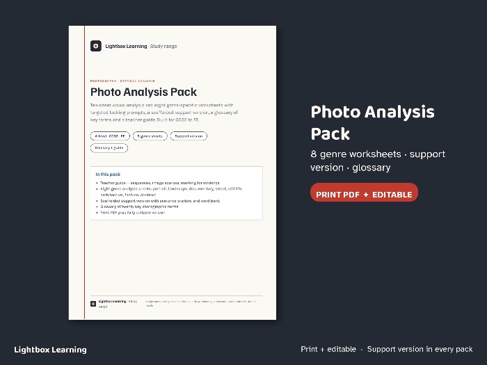 Photography Analysis Pack — 8 Genre Sheets