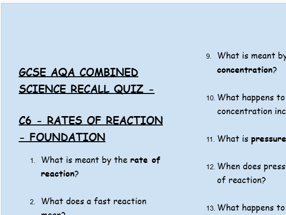 GCSE Chemistry C6 Rates of Reaction – 30 Foundation Retrieval Questions | AQA + Answers