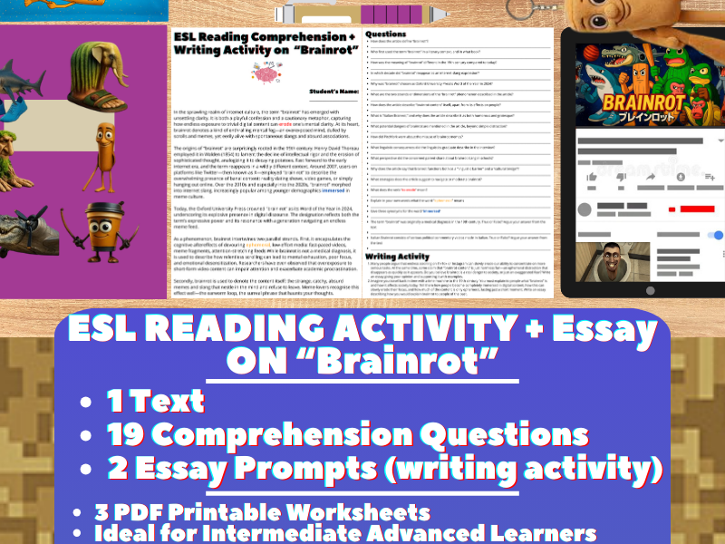ESL Reading Comprehension + Writing Activity Worksheets - Brainrot