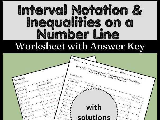 Interval Notation & Inequalities on a Number Line Worksheet with Answer Key