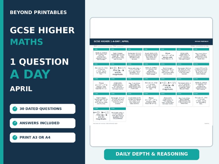 GCSE Higher Maths 1-a-Day April | Daily Reasoning | Answers | A3/A4