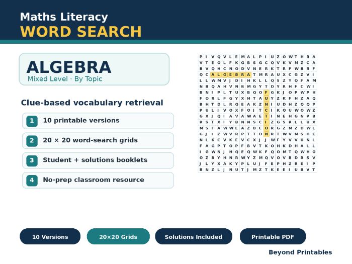 Algebra Maths Word Search | 10 Printable Vocabulary Puzzles with Solutions