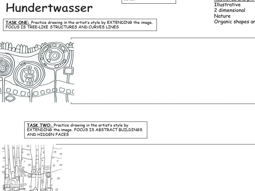 Art and Design - Cover Worksheet/Skills Recall. Hundertwasser landscapes theme