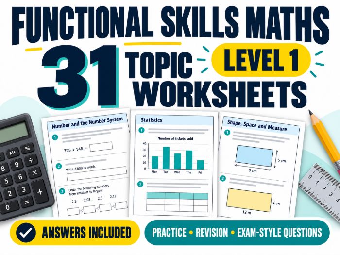 Functional Skills Maths Level 1 – 31 Topic Worksheets, Answers & Progress Tracker