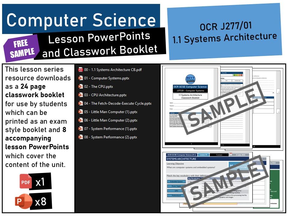 OCR GCSE Computer Science (J277) 1.1 Systems Architecture Lesson PowerPoints and Classwork Booklet.
