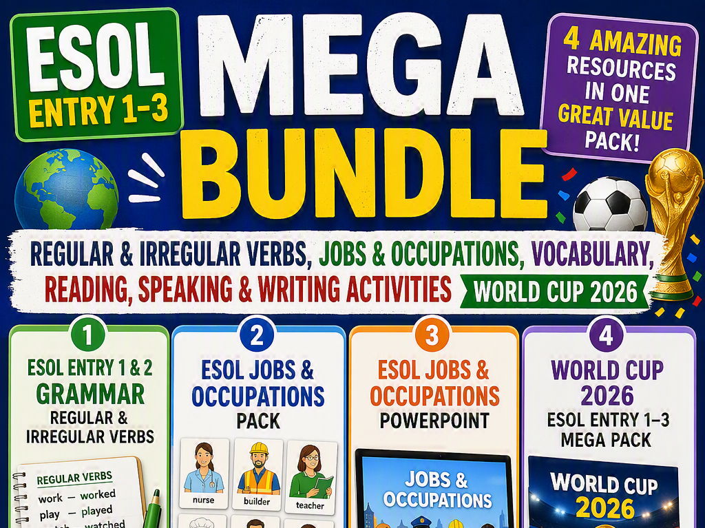 World Cup 2026 ESOL Mega Bundle – Vocabulary, Verbs, Jobs, Reading & Speaking (Entry 1–3 · Printable)