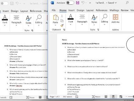 GCSE AQA Sociology – The Family Knowledge Quiz (20 Marks) with Answers