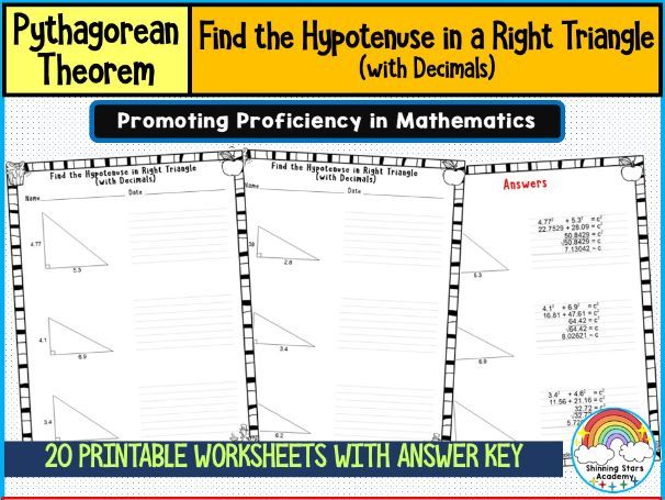 Find the Hypotenuse in a Right Triangle (with Decimals) Worksheets Pythagorean Theorem Practice