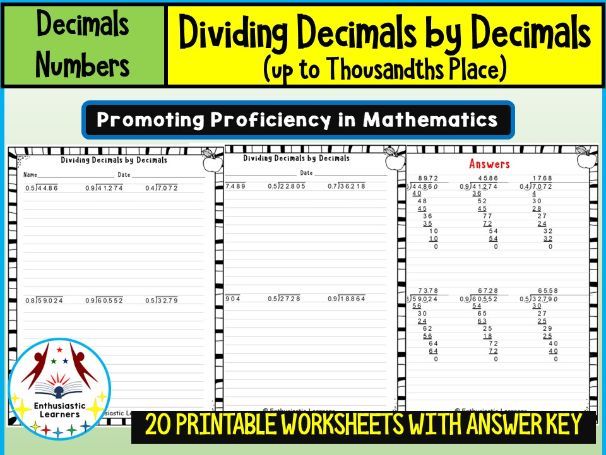 Dividing Decimals by Decimals up to Thousandths Worksheets Math Problems