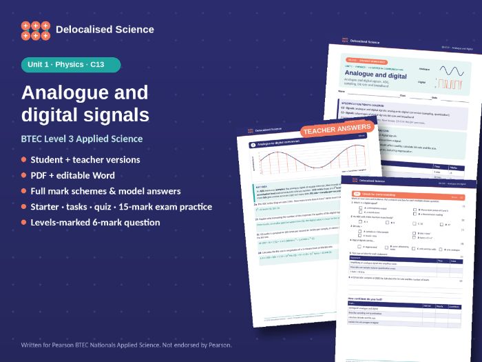 BTEC Applied Science Unit 1 Physics: Analogue and digital signals (C13) - worksheet + answers